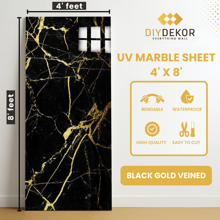 UV Marble Sheets, Black Gold Veined, 1 Sheet, 4 X 8 Feet